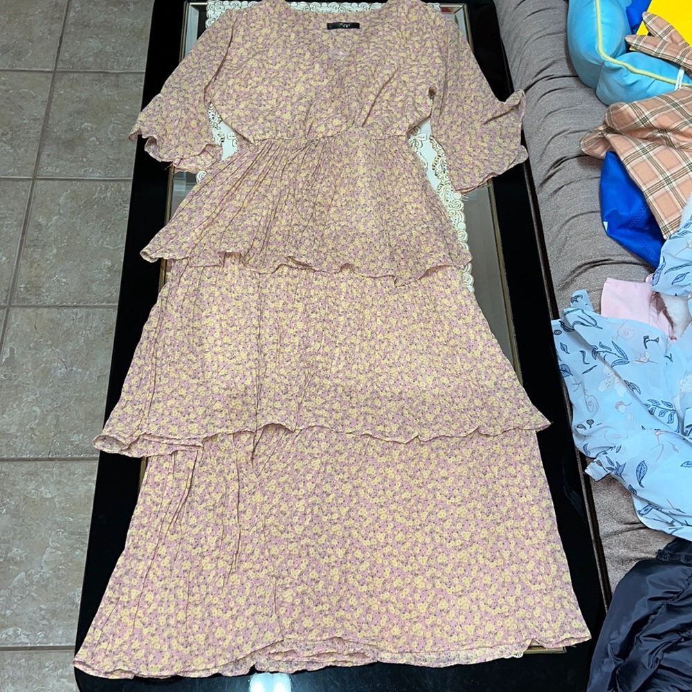 Pink and yellow floral pleated midi dress with half sleeves